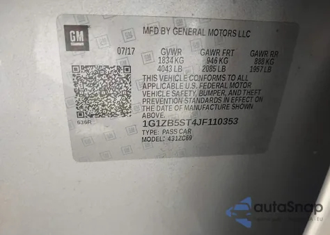 2018 Chevrolet Malibu 1Ls z USA, uszkodzony, nr VIN 1G1ZB5ST4JF110353